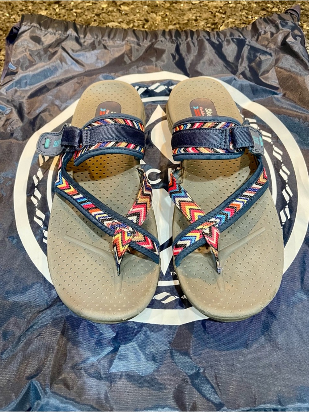 Skechers Reggae Zig Sway Navy Sandals Multicolor Chevron Straps w/Bag 10